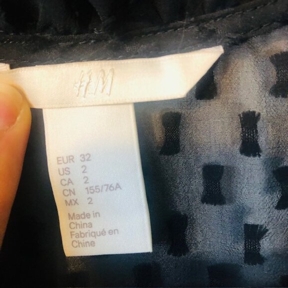 H&M Babydoll Dress SIZE 2 Black Sheer Swiss Dot Ruffle Collar Tie Neck T… - Picture 8 of 11